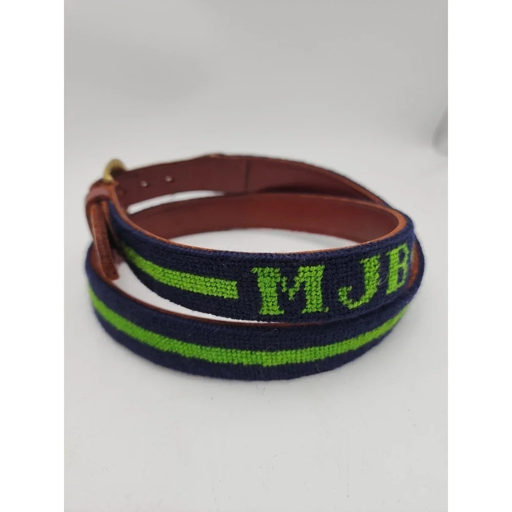 Brown Leather Belt Embroidered MJB Navy Green Stripes, Brass Buckle 36.5